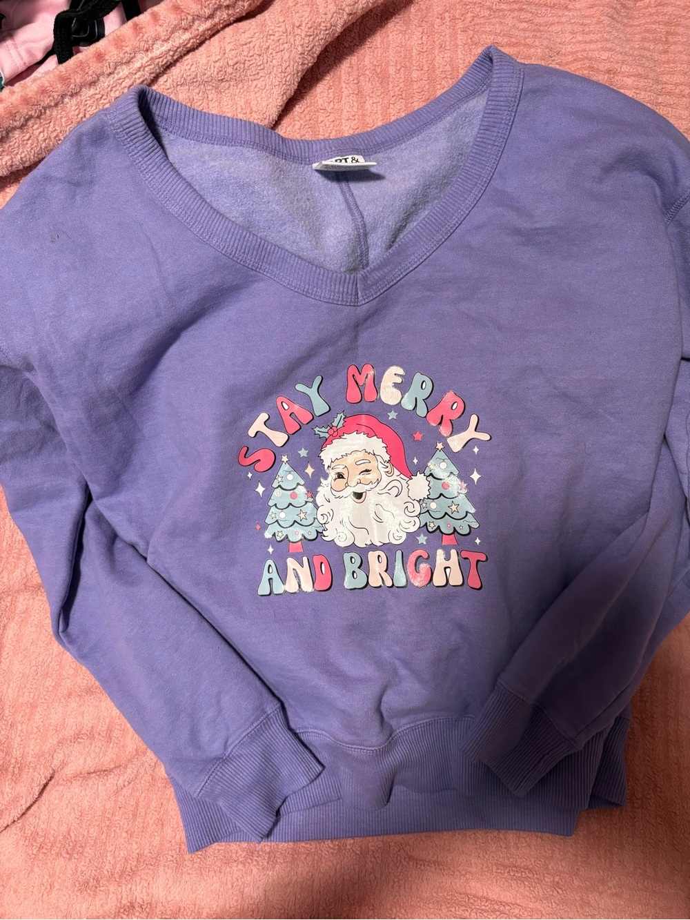 Port and Company Purple "Stay Merry and Bright" V-Neck Kids Sweatshirt